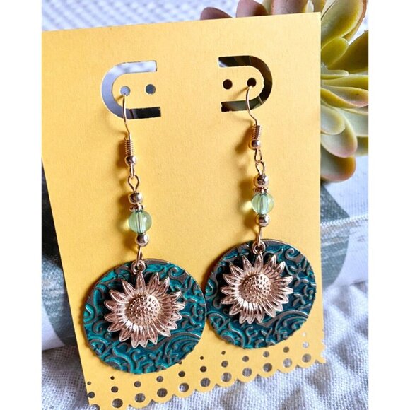 New Aqua Circle Disk & Golden Sunflower Beaded Retro 90s Style Earrings - 2.75" - Picture 3 of 4